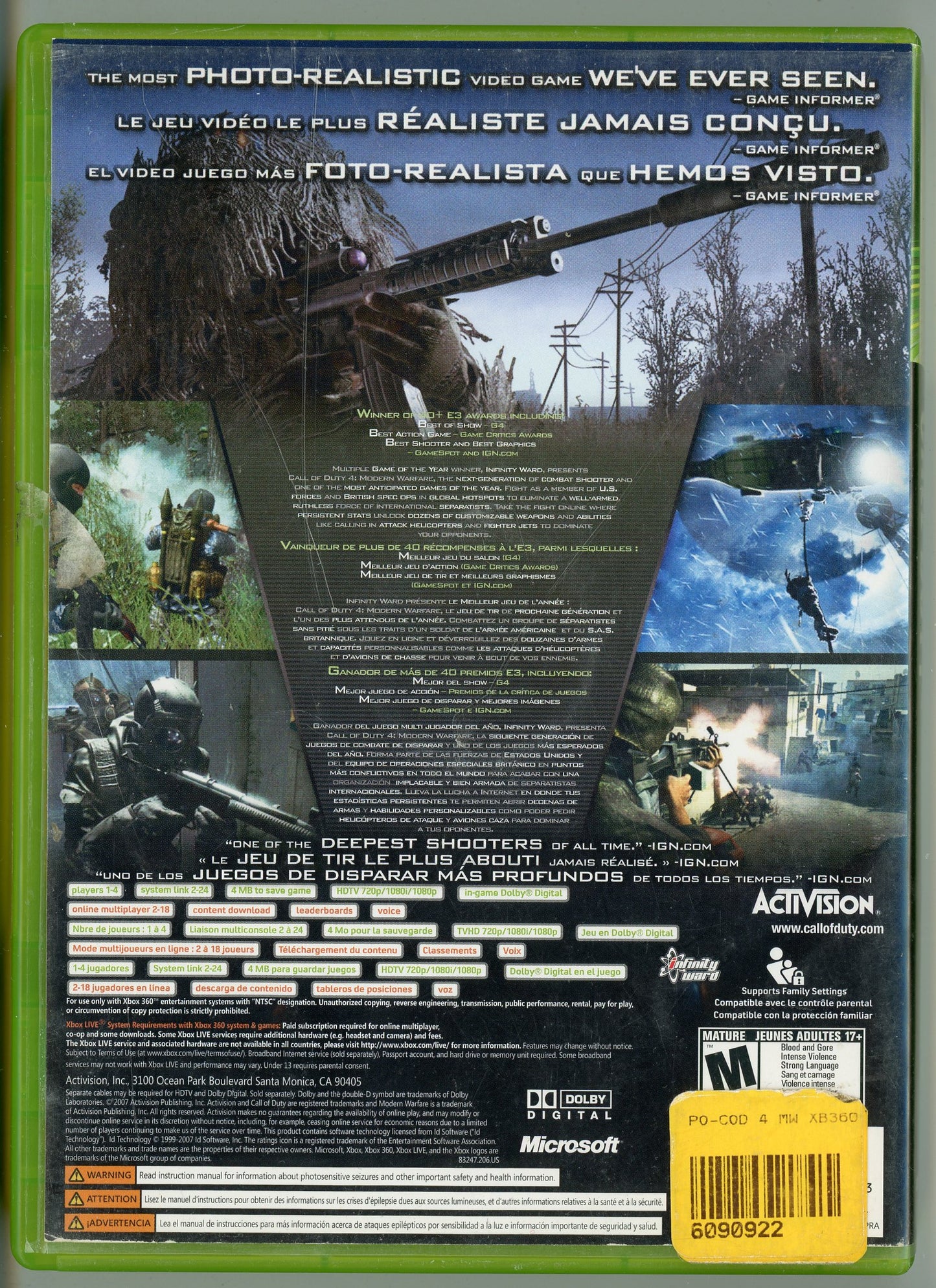 2007 Call of Duty 4: Modern Warfare Xbox360 Video Game Disc In Box