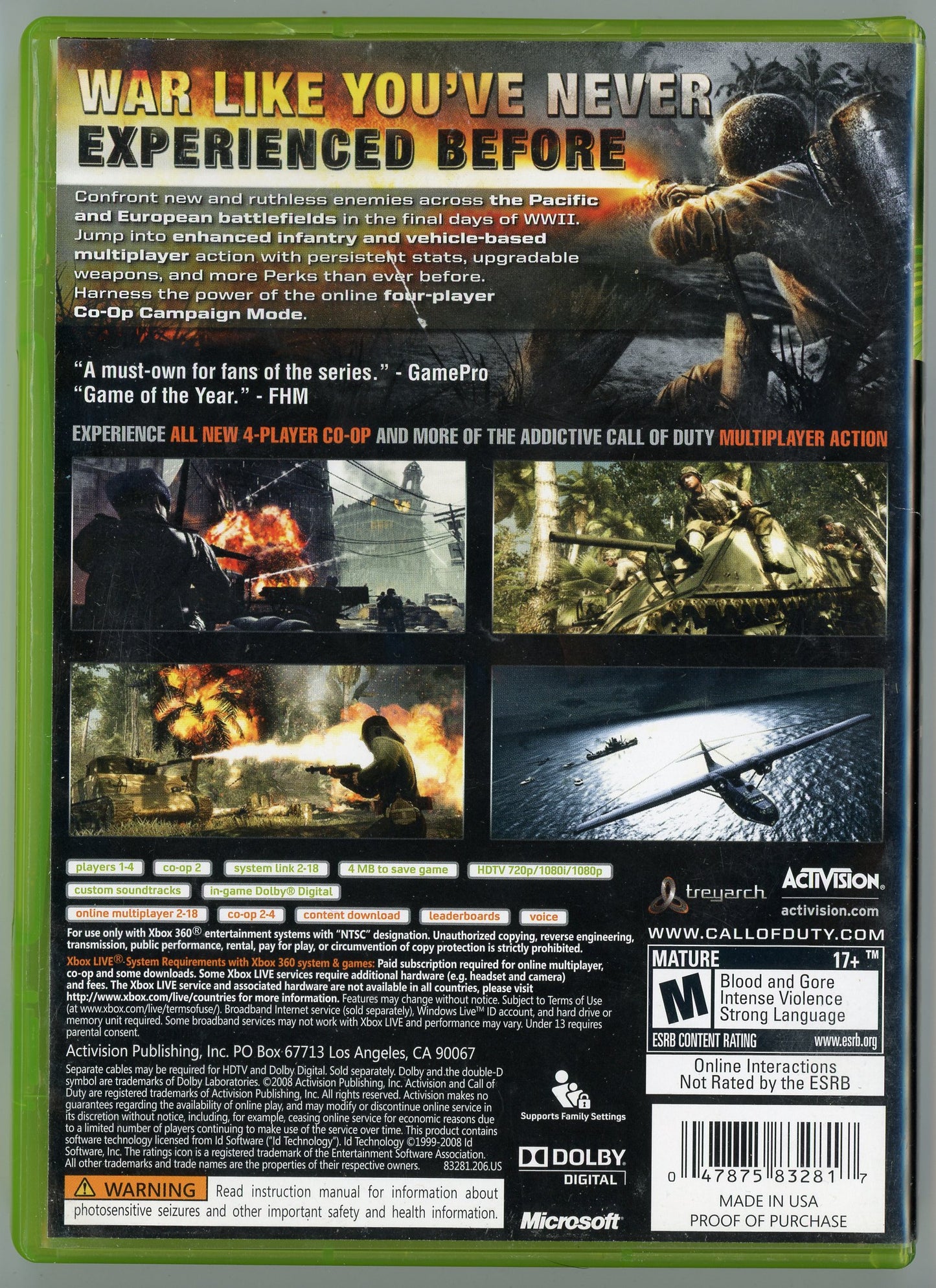 2008 Call of Duty: World at War Xbox360 Video Game Disc In Box