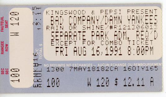 Bad Company/Damn Yankees Vintage Concert Ticket Stub Kingswood Music Theatre (Vaughan, 1991)