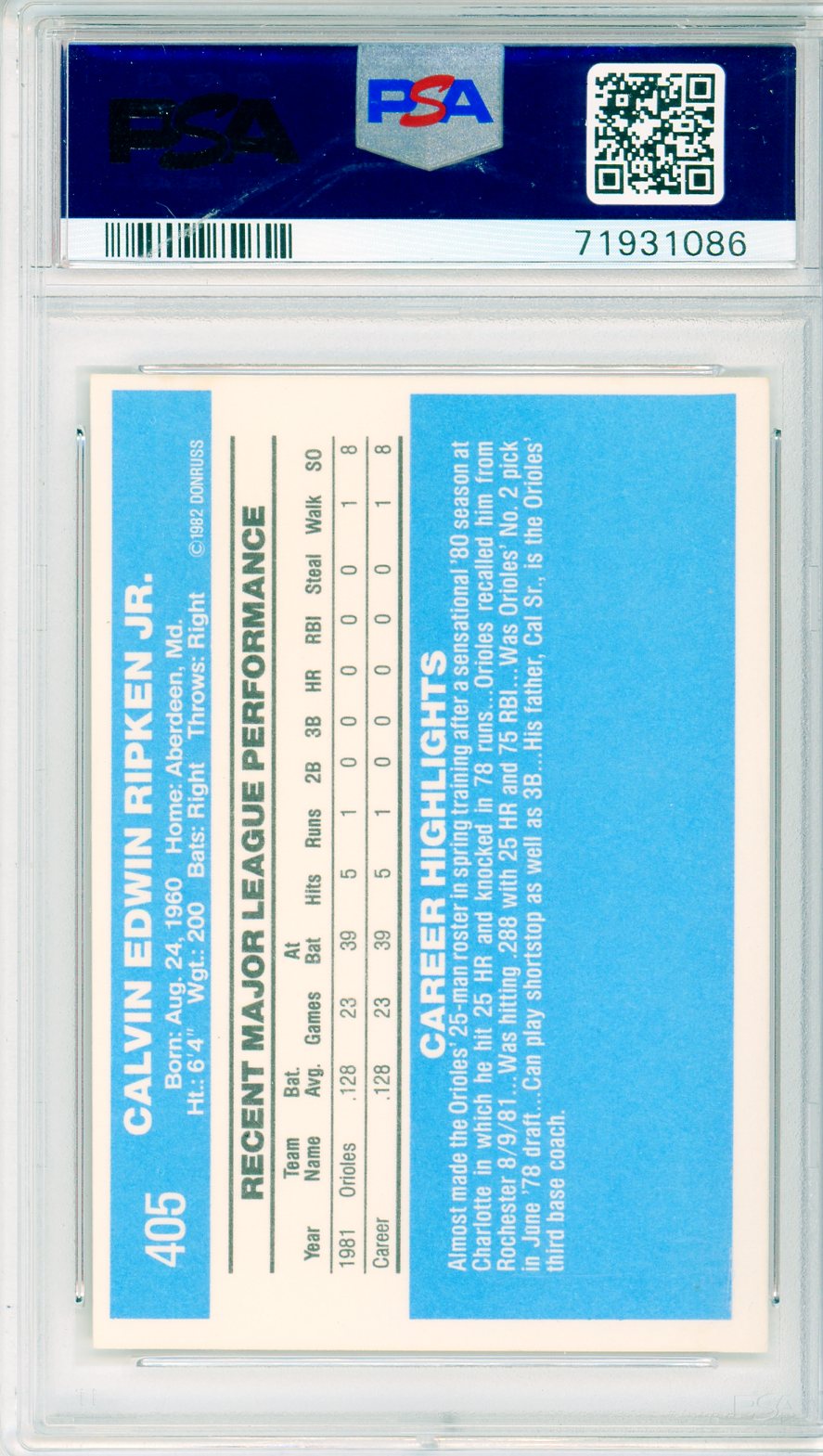 1982 Donruss Cal Ripken Jr. #405 Graded Baseball Card PSA 7