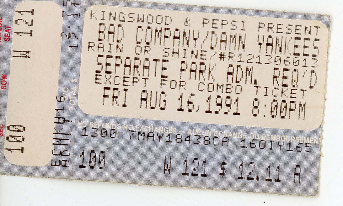 Bad Company/Damn Yankees Vintage Concert Ticket Stub Kingswood (Vaughan, 1991)