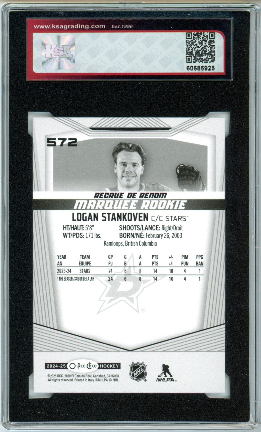 2024/25 OPC O-Pee-Chee Logan Stankoven #572 Graded Hockey Card KSA 8.5