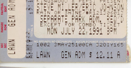 Steve Miller/Eric Johnson Vintage Concert Ticket Stub Kingswood (Vaughan, 1991)