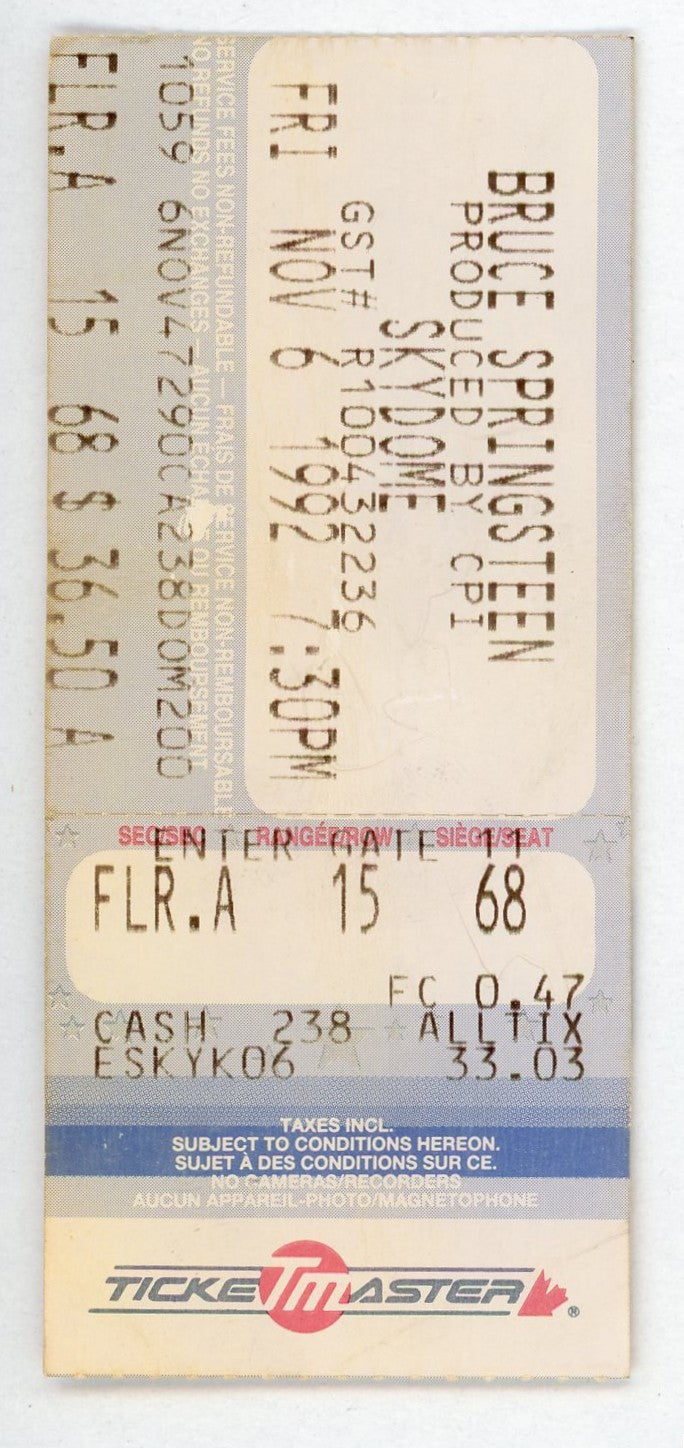 Bruce Springsteen Vintage Concert Ticket Stub Skydome (Toronto, 1992)