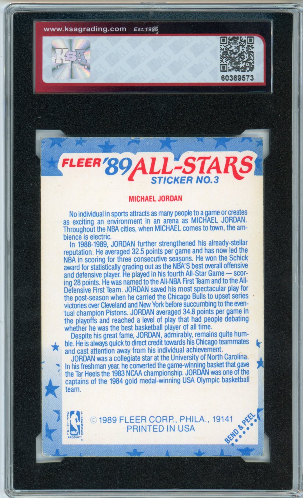 1989/90 Fleer Michael Jordan All-Star Sticker Graded Basketball Card #3 KSA 4