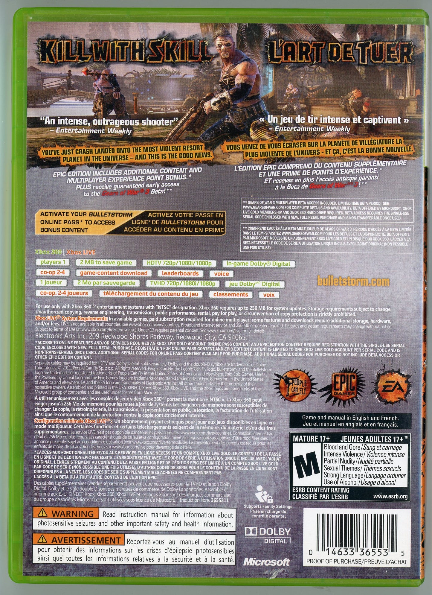 2011 EA Bulletstorm: Epic Edition Xbox360 Video Game Disc In Box