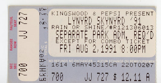Lynyrd Skynyrd Vintage Concert Ticket Stub Kingswood Music Theatre (Vaughan, 1991)