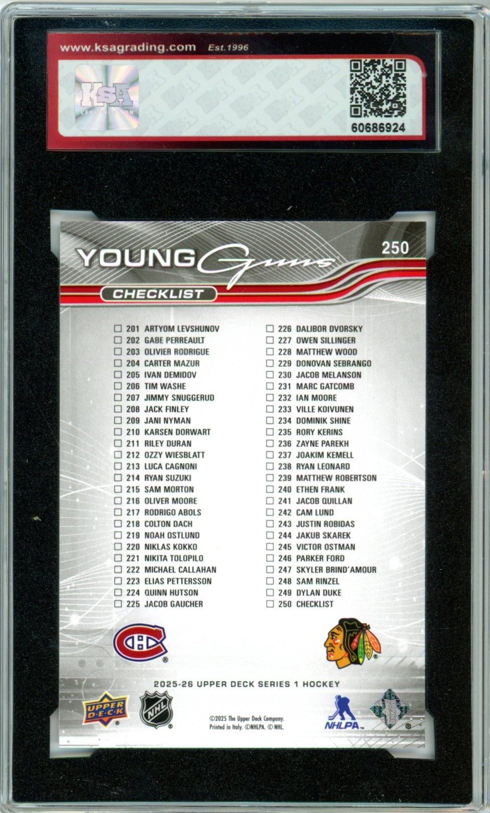 2025/26 Upper Deck Ivan Demidov / Levshunov Young Guns Checklist Graded Card KSA 10