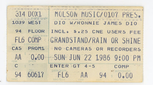 Dio Vintage Concert Ticket Stub Molson Amphitheatre (Toronto, 1986)