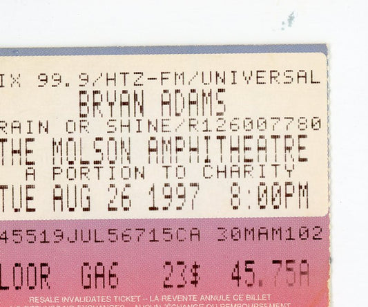 Bryan Adams Vintage Concert Ticket Stub Molson Amphitheatre (Toronto, 1997)