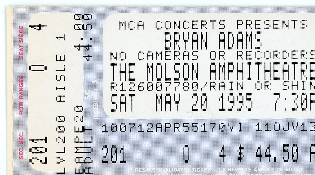 Bryan Adams Vintage Concert Ticket Stub Molson Amphitheatre (Toronto, 1995)