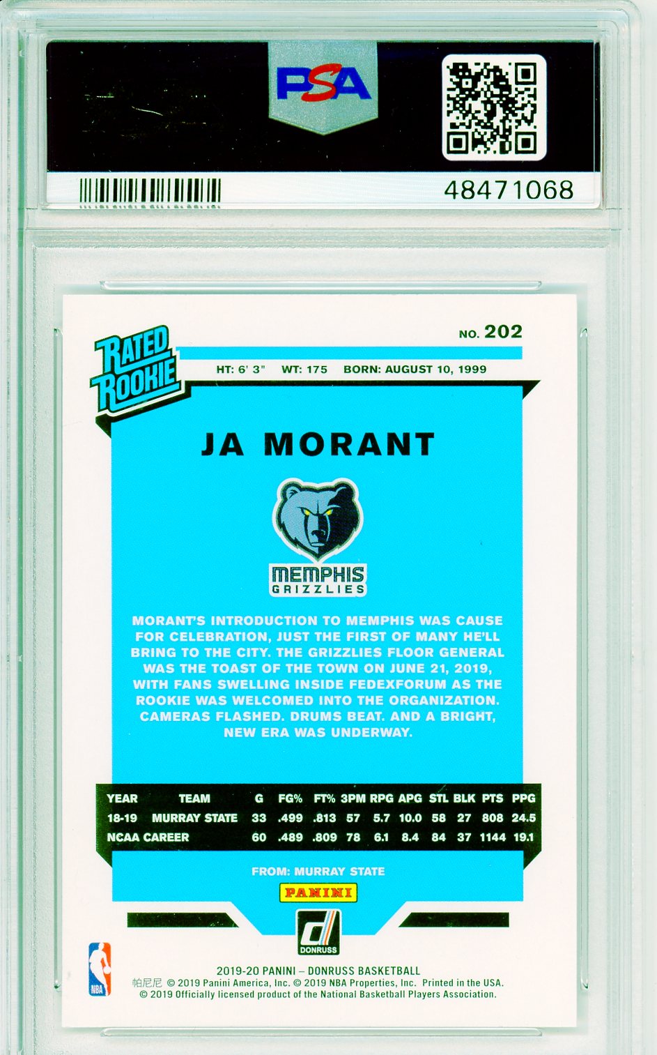 2019 Panini Donruss Ja Morant #202 Graded Rookie Card PSA 10