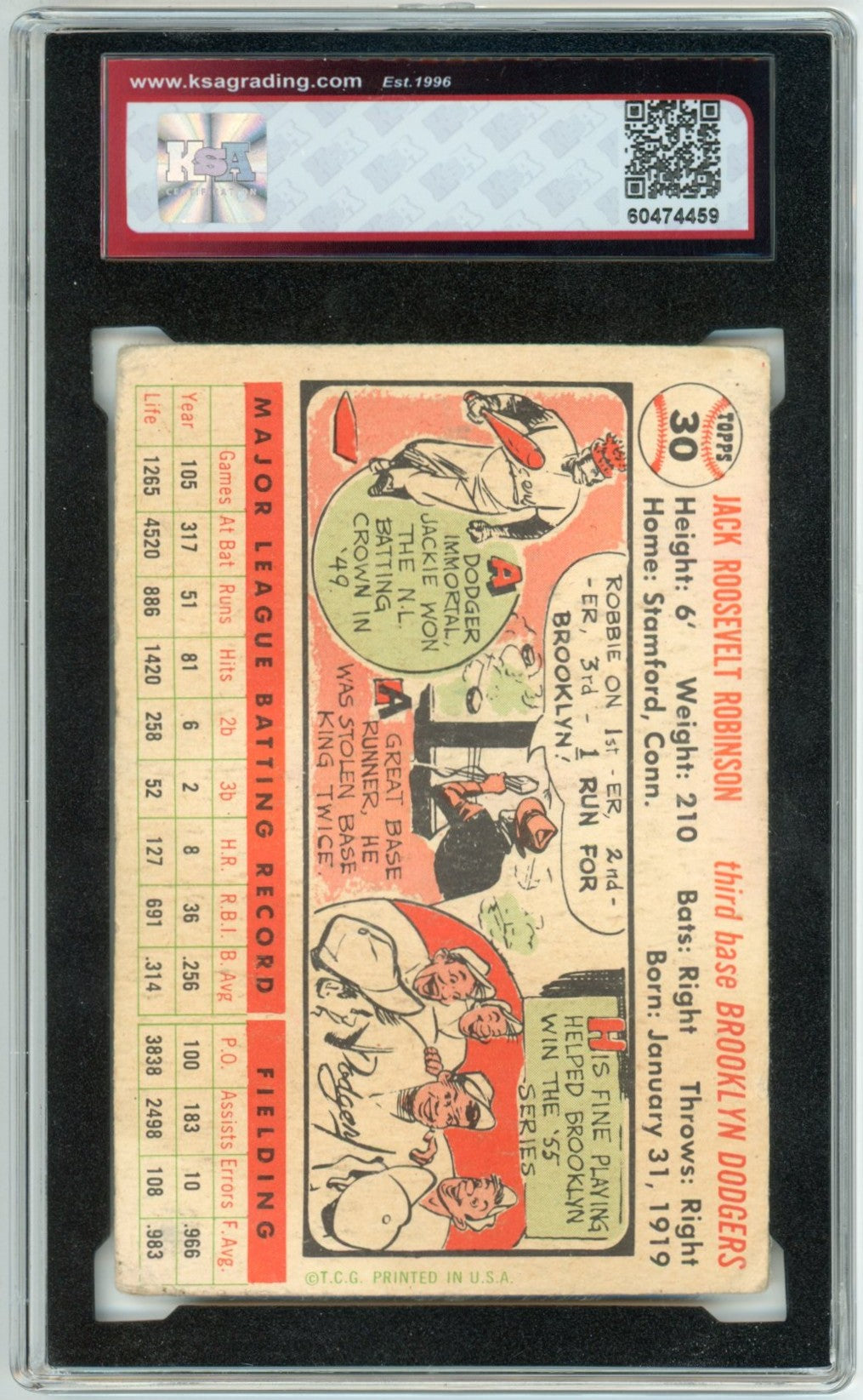 1956 Topps Jackie Robinson White Back Graded Baseball Card #30 KSA Authenticated