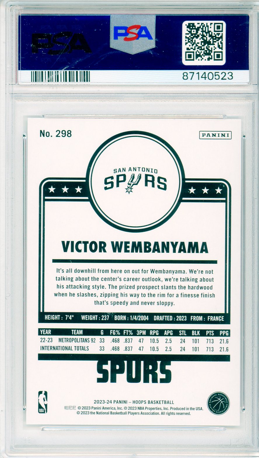 2023 Panini Hoops Victor Wembanyama #298 Graded Rookie Card PSA 9