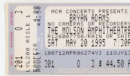 Bryan Adams Concert Ticket Stub Molson Amphitheatre (Toronto, 1995)