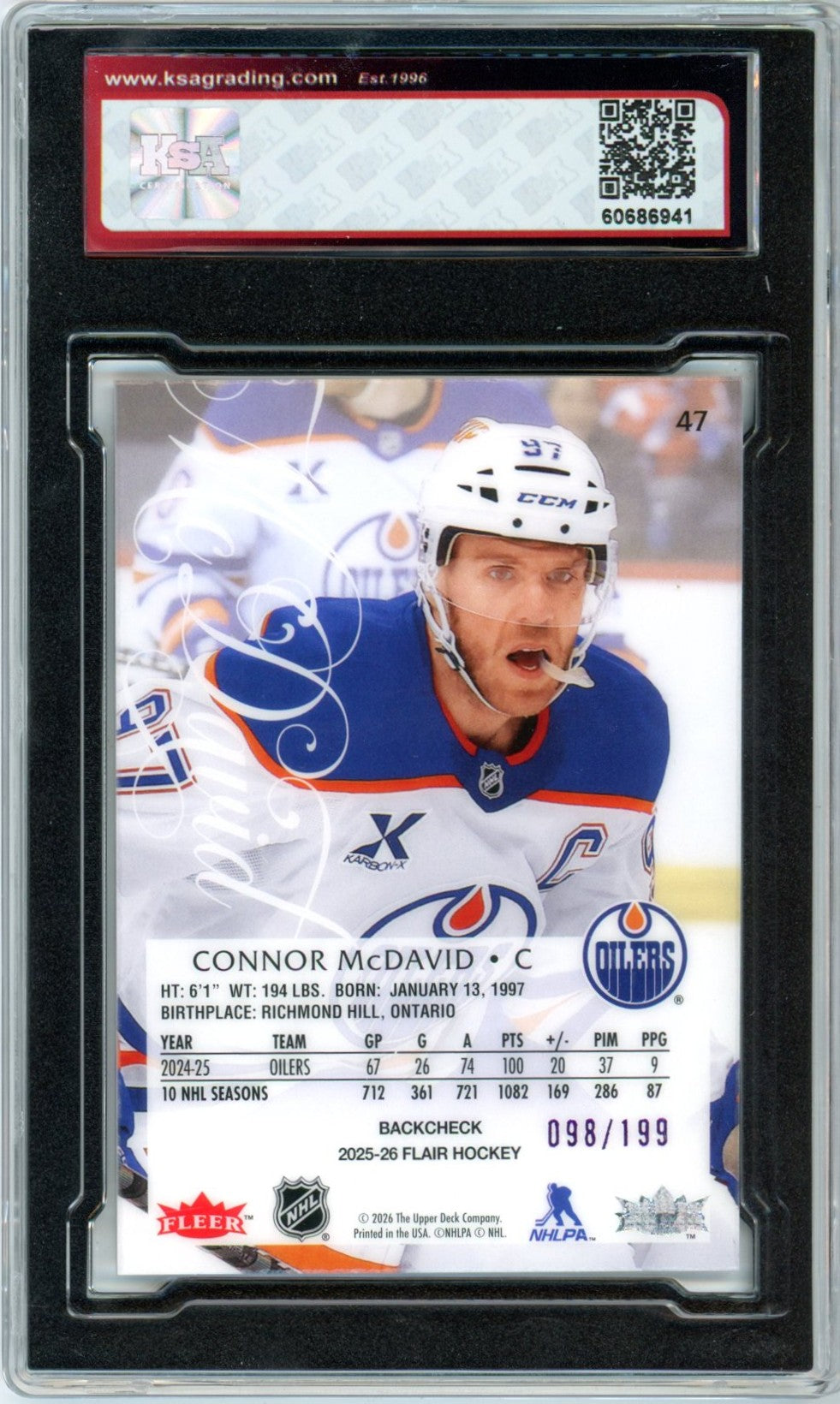 2025/26 Flair Connor McDavid Backcheck 98/199 #47 Graded Card KSA 9