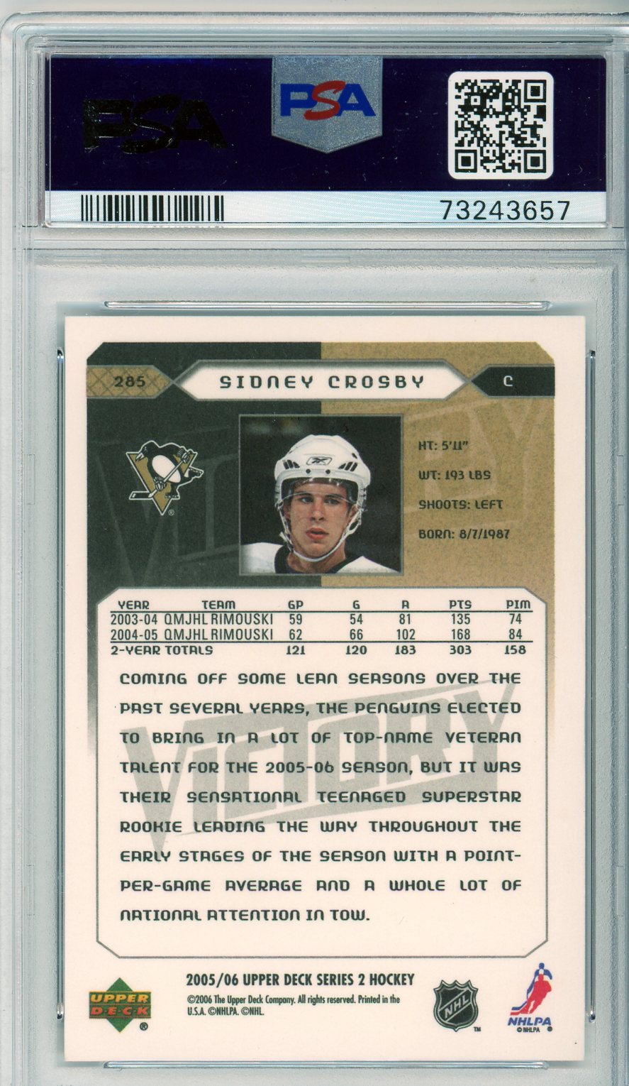 2005 Upper Deck Victory Sidney Crosby #285 Graded Rookie Card PSA 7