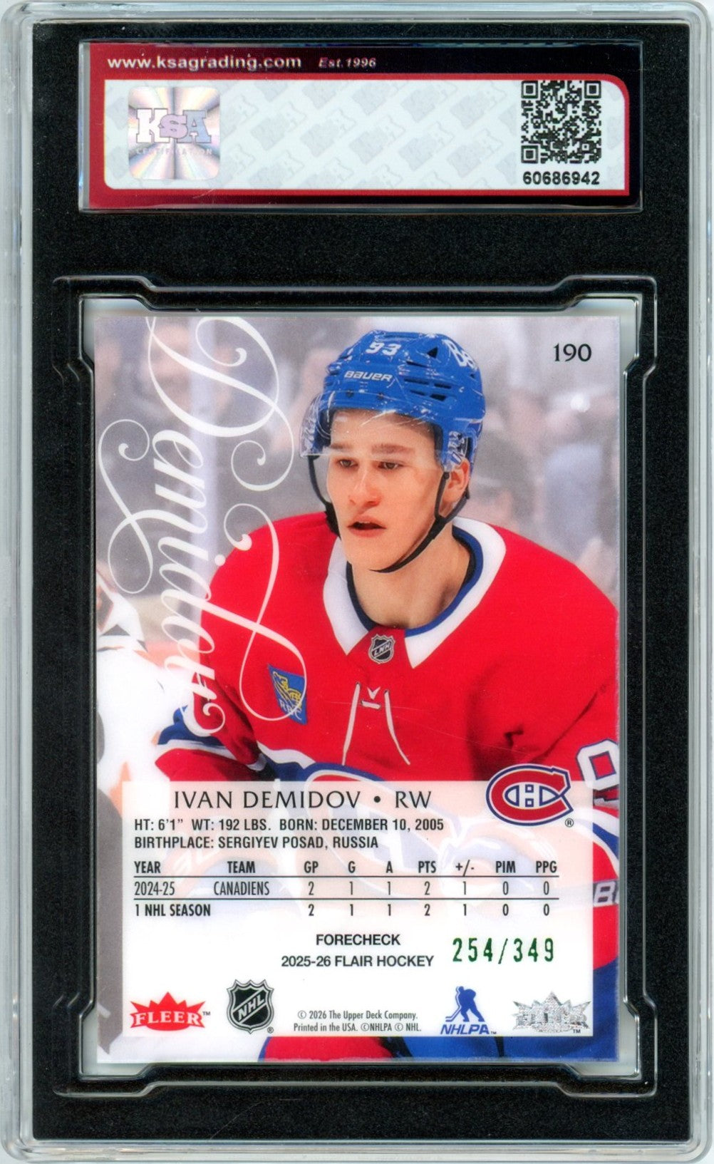 2025/26 Flair Ivan Demidov Forecheck 254/349 #190 Graded Rookie Card KSA 9