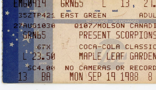 Scorpions Vintage Concert Ticket Stub Maple Leaf Gardens (Toronto, 1988)