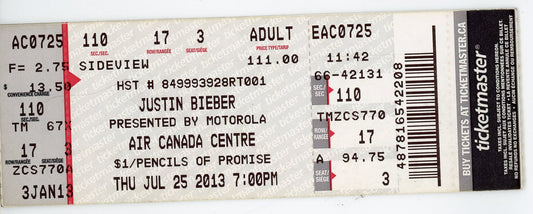 Justin Bieber Concert Ticket Stub Air Canada Centre (Toronto, 2013)