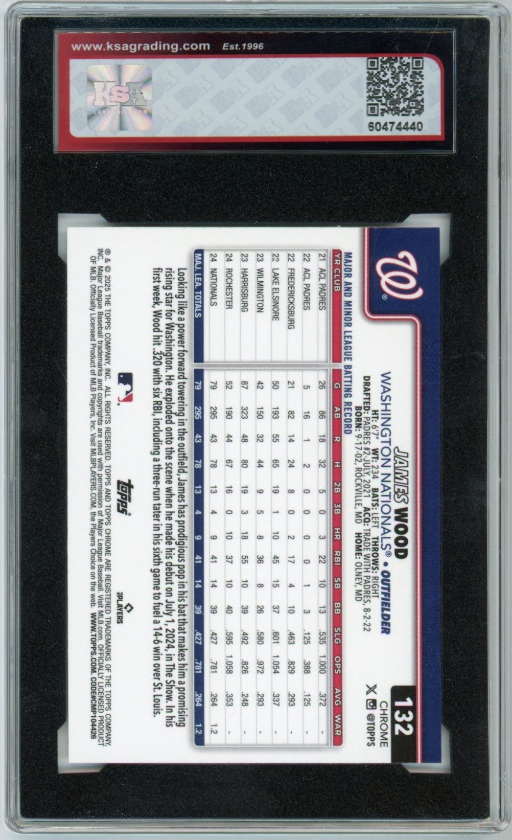 2025 Topps Chrome James Wood Graded Rookie Card KSA 9.5