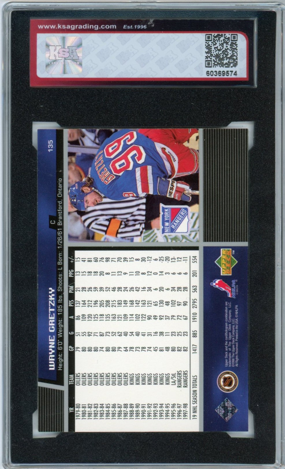 1998/99 Upper Deck Wayne Gretzky Game Dated Graded Hockey Card #135 KSA 8.5