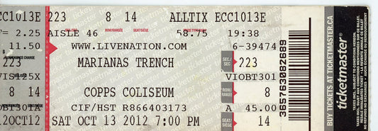 Marianas Trench Vintage Concert Ticket Stub Copps Coliseum (Hamilton, 2012)