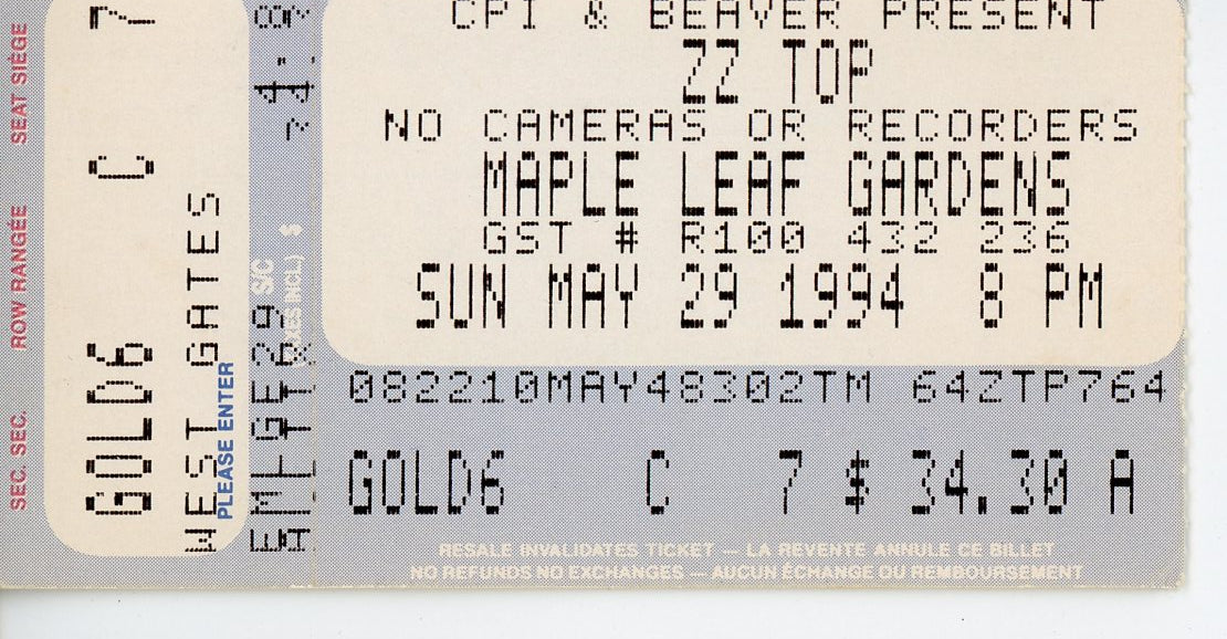 ZZ Top Vintage Concert Ticket Stub Maple Leaf Gardens (Toronto, 1994)