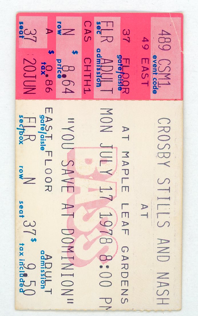 Crosby, Stills & Nash Vintage Concert Ticket Stub Maple Leaf Gardens (Toronto, 1978)