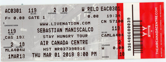 Sebastian Maniscalco Concert Ticket Stub Air Canada Centre (Toronto, 2018)