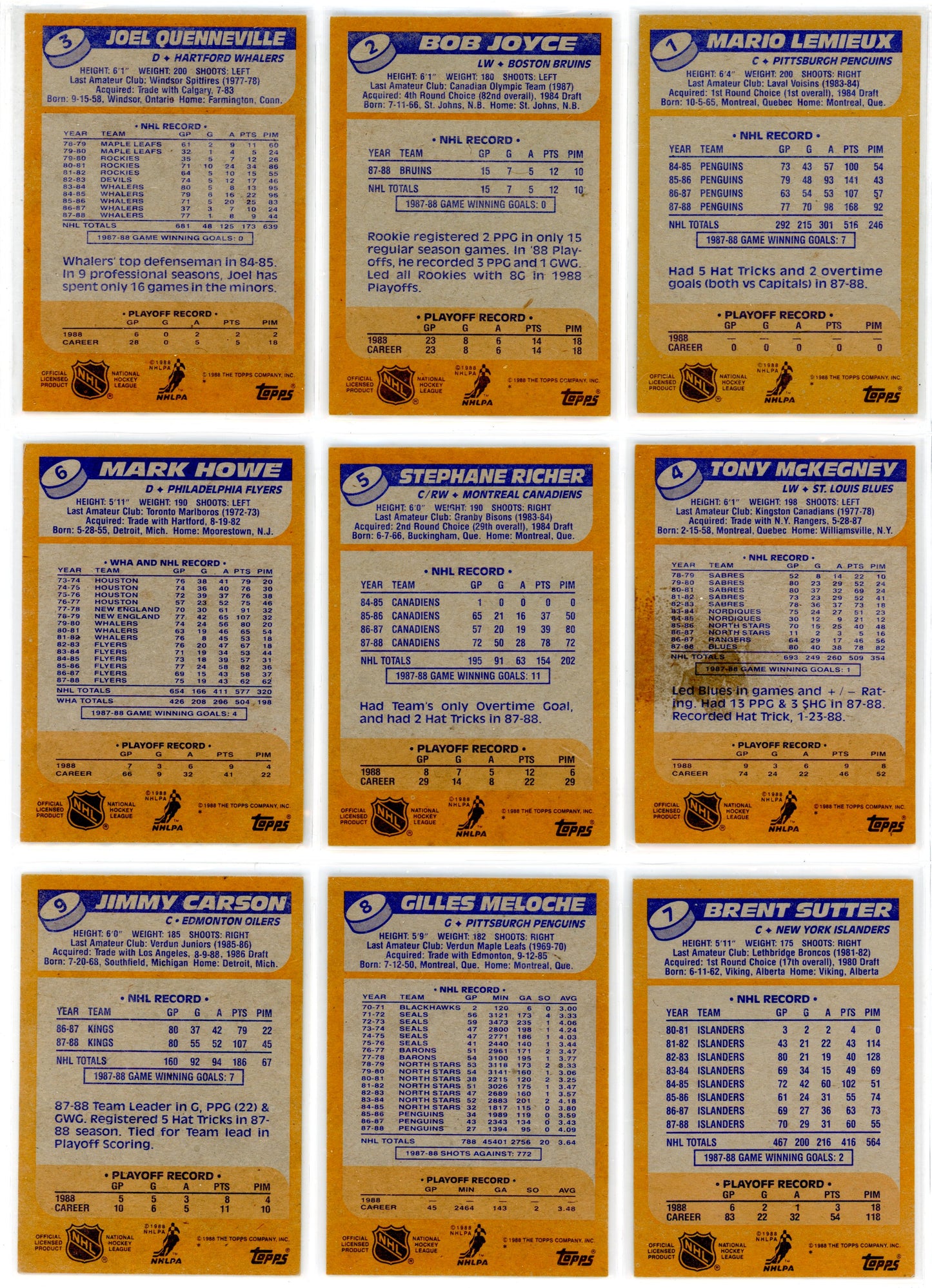 1988/89 Topps NHL Hockey Complete Set (198 Cards) Brett Hull Rookie