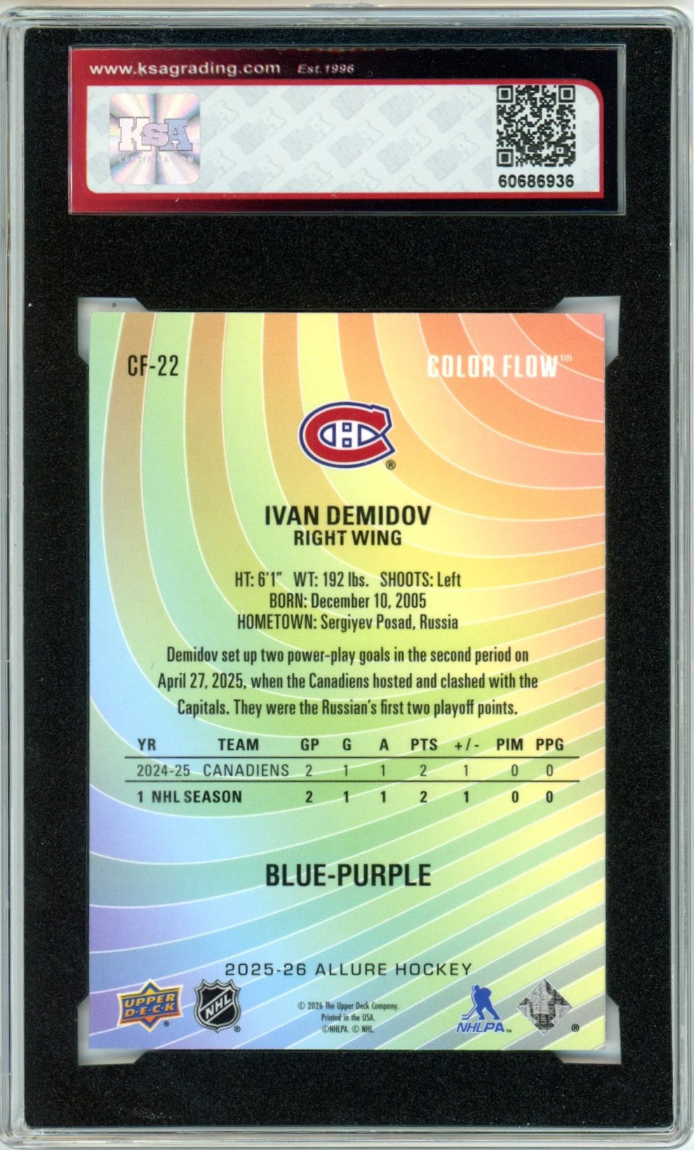 2025/26 Upper Deck Allure Ivan Demidov Color Flow Blue/Purple #CF-22 Graded Hockey Card KSA 9.5
