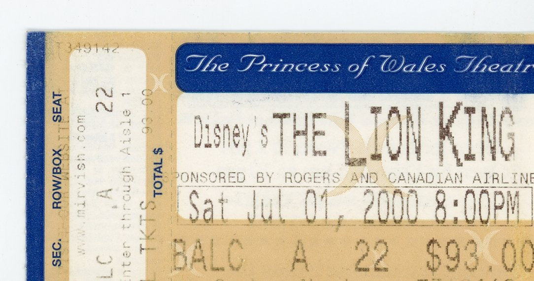 The Lion King Vintage Musical Ticket Stub Princess of Wales Theatre (Toronto, 2000)