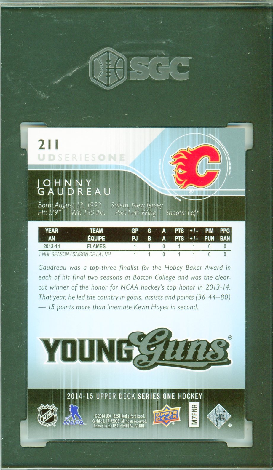 2014-15 Upper Deck Johnny Gaudreau #211 Graded Rookie Card SGC 10