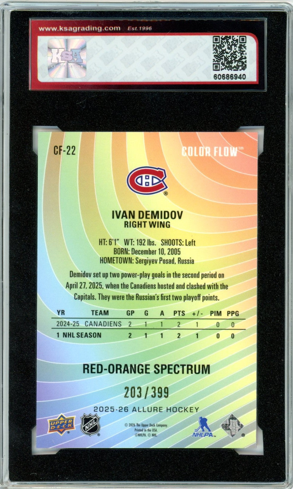 2025/26 Upper Deck Allure Ivan Demidov Color Flow Red/Orange 203/399 #CF-22 Graded Hockey Card KSA 10