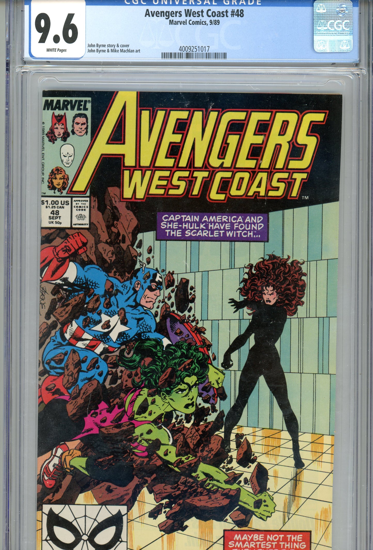 1989 Avengers West Coast #48 Graded Comic Book Captain America / She-Hulk vs. Scarlet Witch CGC 9.6