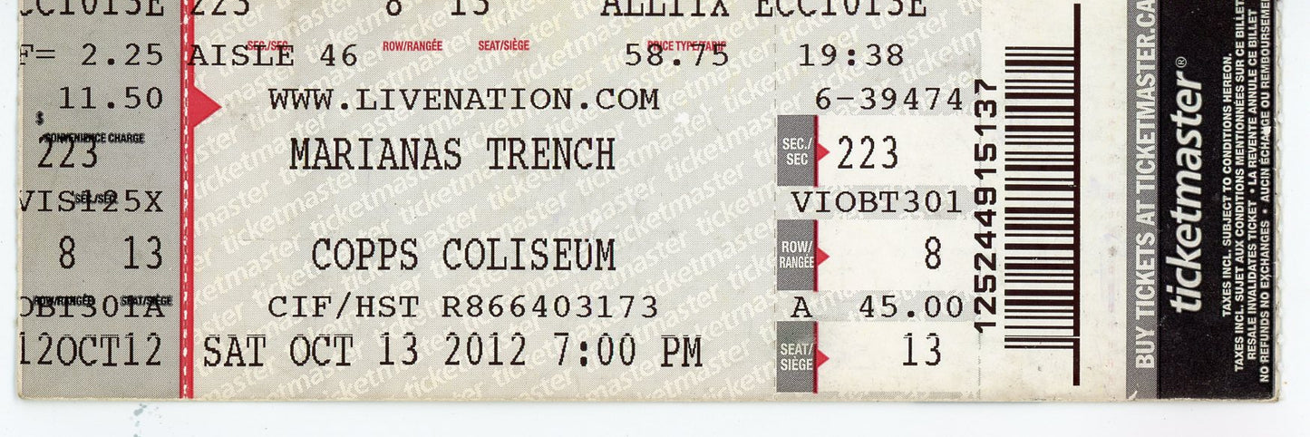 Marianas Trench Vintage Concert Ticket Copps Coliseum (Hamilton, 2012)