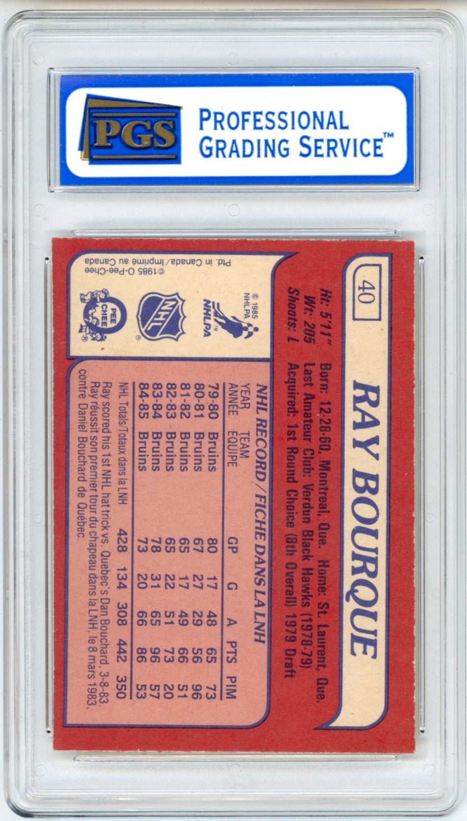 1985/86 OPC O-Pee-Chee Ray Bourque #40 Graded Hockey Card PGS 7