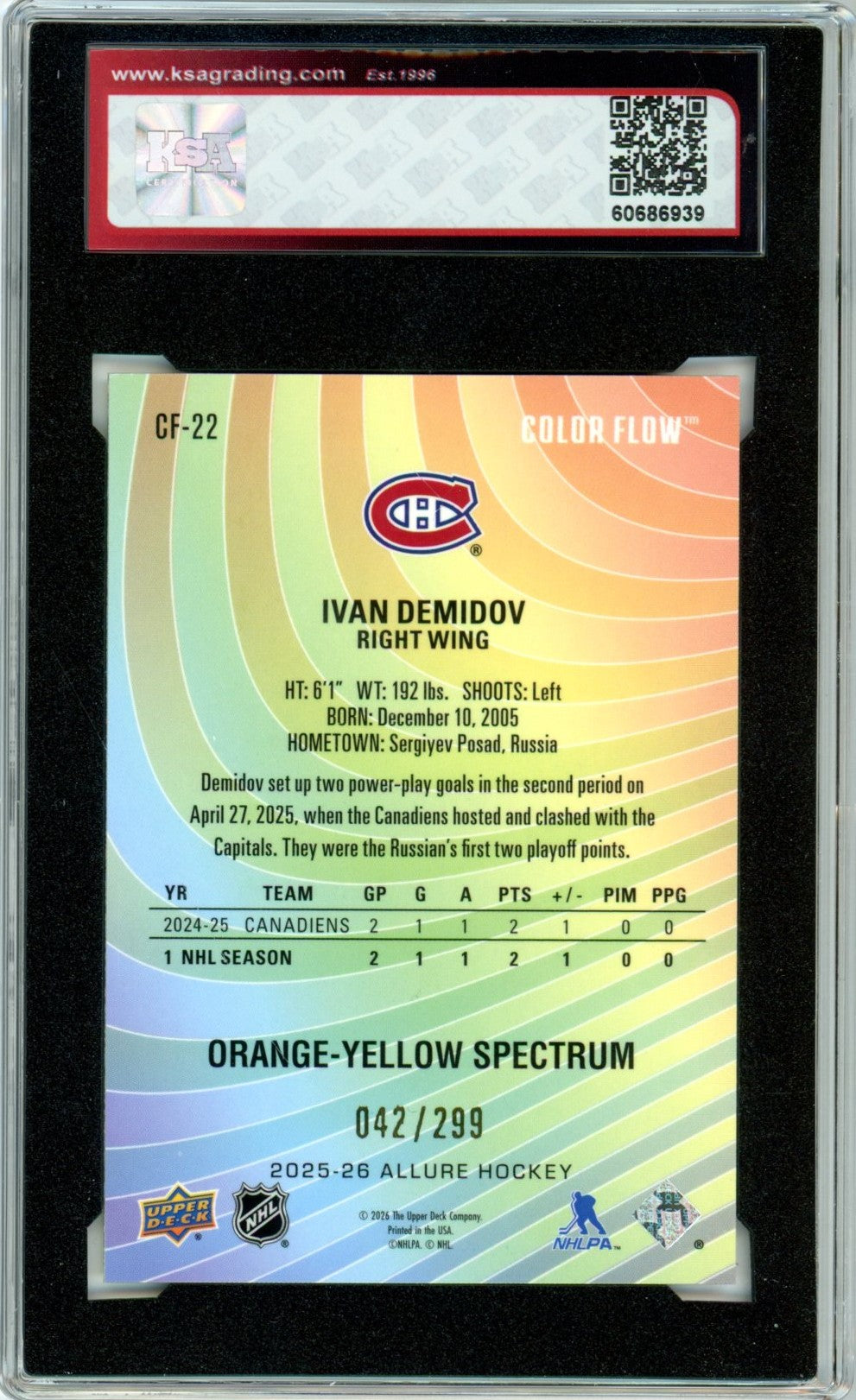 2025/26 Upper Deck Allure Ivan Demidov Color Flow Orange/Yellow 042/299 #CF-22 Graded Hockey Card KSA 9.5