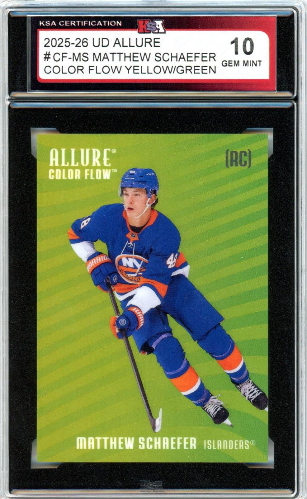 2025/26 Upper Deck Allure Matthew Schaefer Color Flow Yellow/Green #CF-MS Graded Hockey Card KSA 10