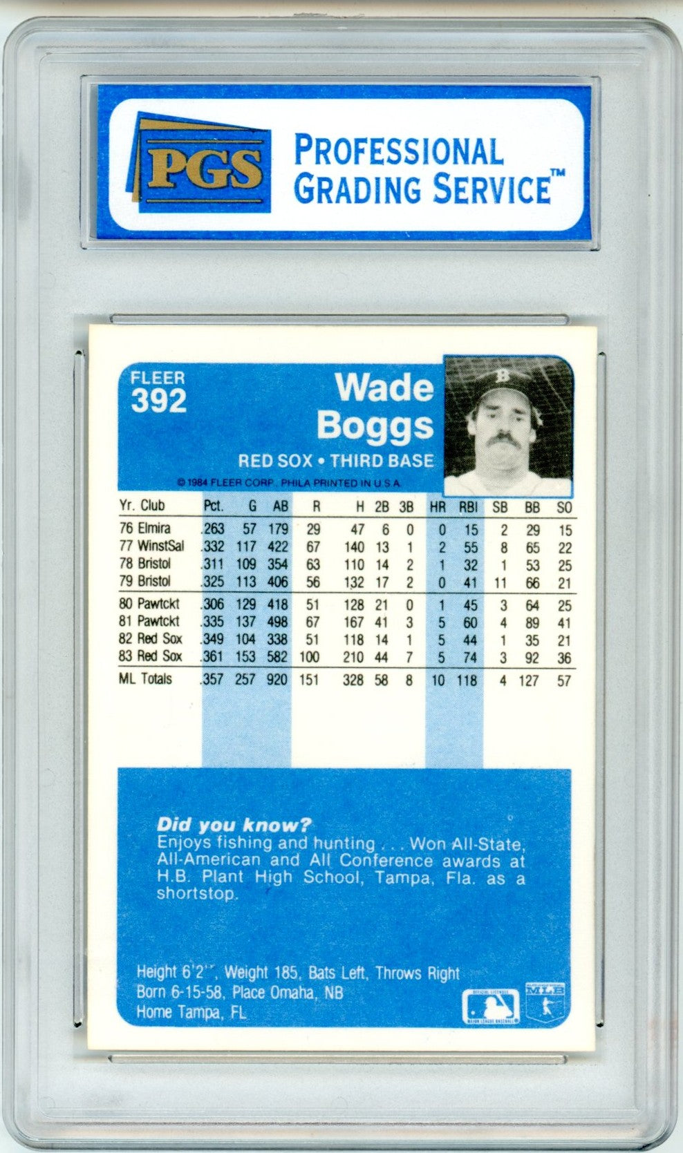 1984 Fleer Wade Boggs #392 Graded Baseball Card PGS 9 Second Year
