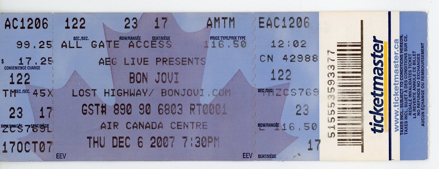Bon Jovi Vintage Concert Ticket Air Canada Centre (Toronto, 2007)