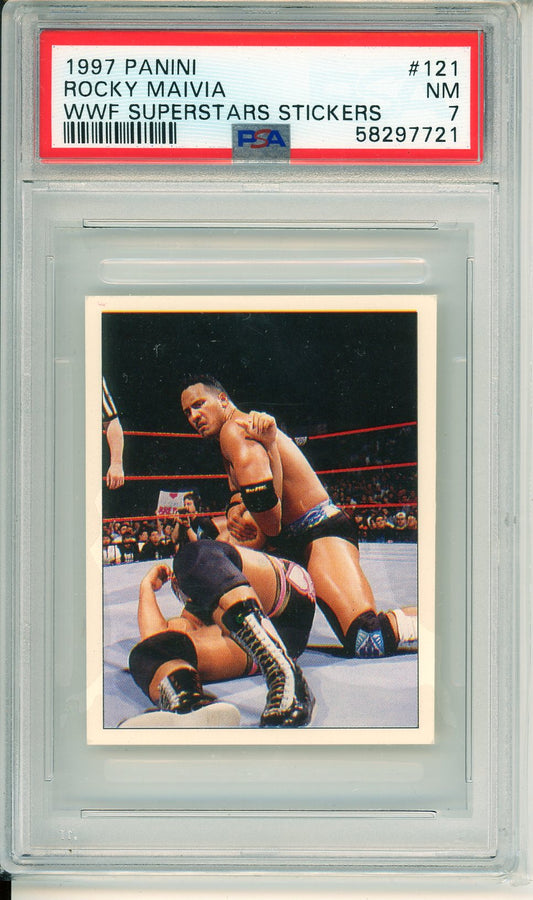 1997 Panini Rocky Maivia WWF Superstars Sticker Card PSA 7