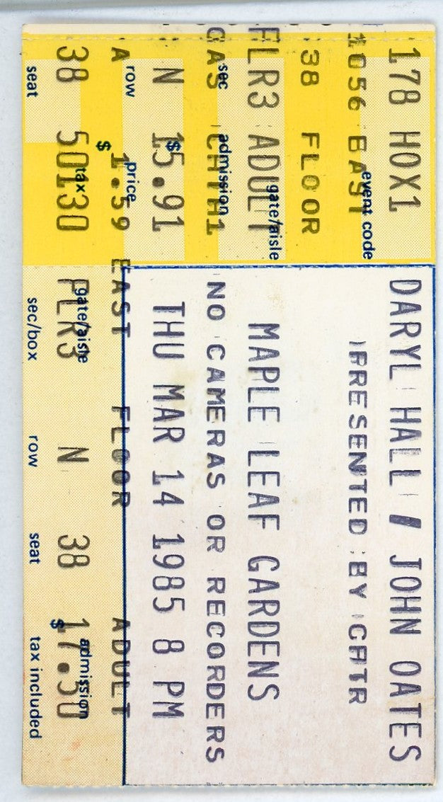 Daryl Hall & John Oates Vintage Concert Ticket Maple Leaf Gardens (Toronto, 1985)