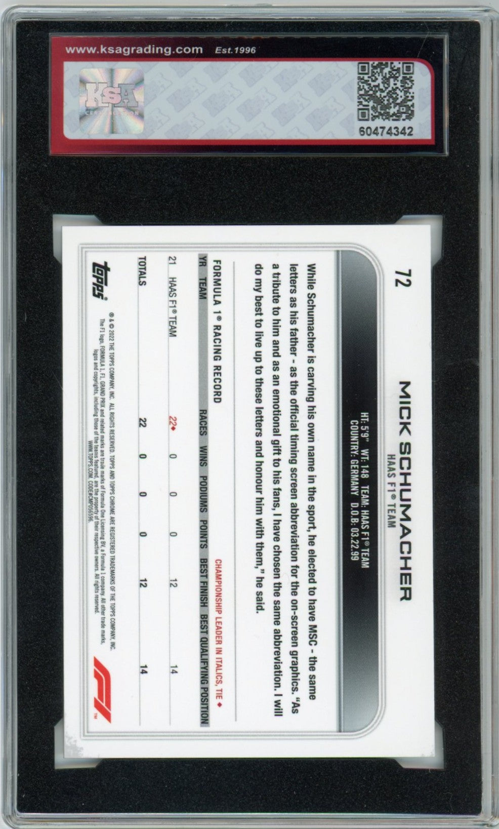 2022 Topps Chrome F1 Formula 1 Mick Schumacher Graded Card #72 KSA 9.5