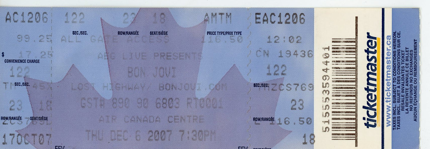 Bon Jovi Vintage Concert Ticket Stub Air Canada Centre (Toronto, 2007)