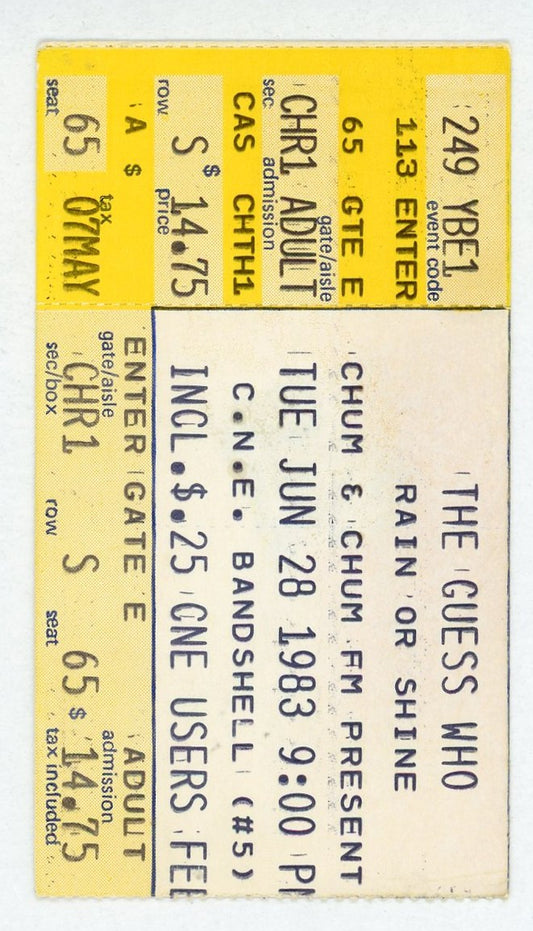 The Guess Who Vintage Concert Ticket CNE Bandshell (Toronto, 1983)
