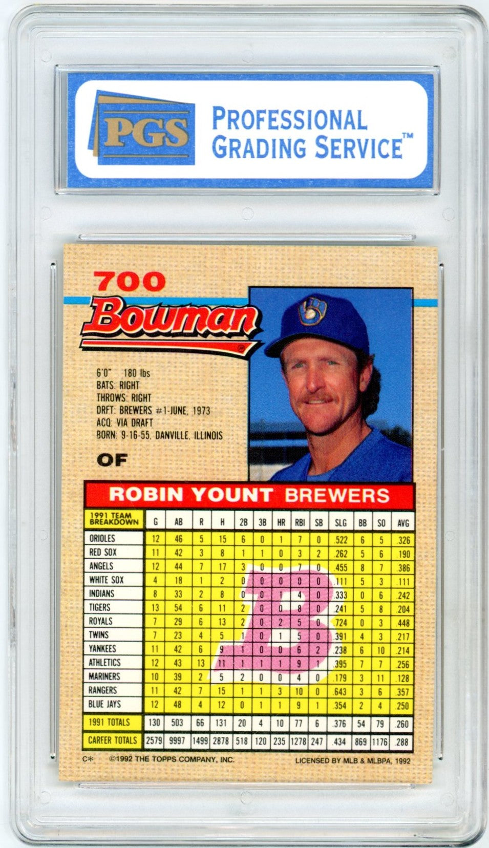 1992 Bowman Robin Yount #700 Graded Baseball Card PGS 9