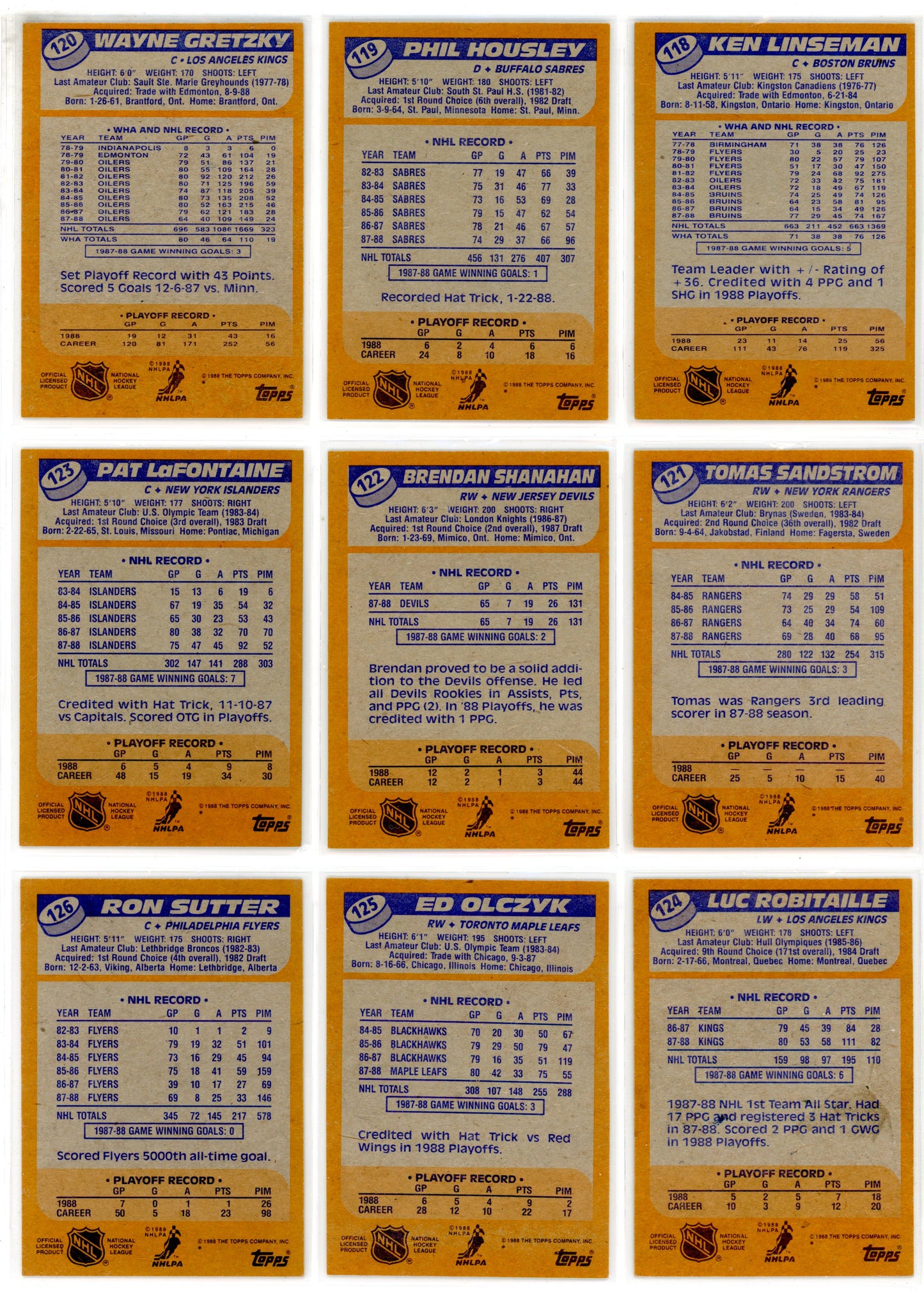 1988/89 Topps NHL Hockey Complete Set (198 Cards) Brett Hull Rookie