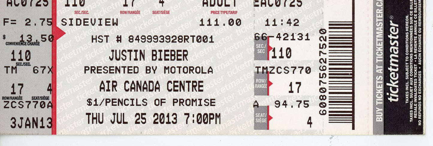 Justin Bieber Vintage Concert Ticket Stub Air Canada Centre (Toronto, 2013)